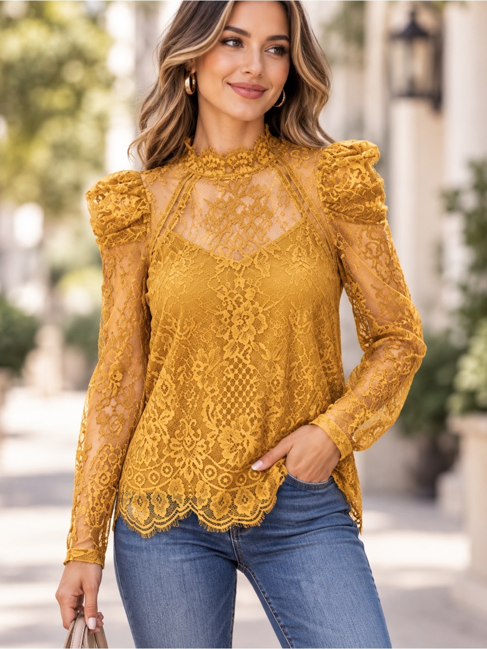 Savanna Jane Mustard Lace Puff-Sleeve Blouse